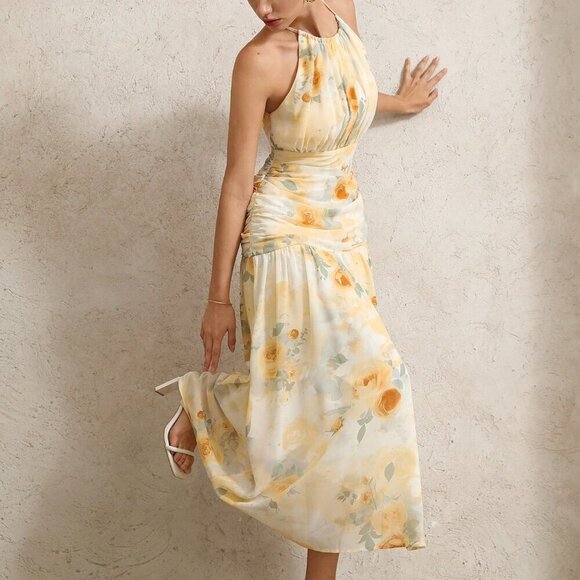 Multicolor Boho Women's Floral Draped Asymmetric Sleeveless Dress - Picture 5 of 7